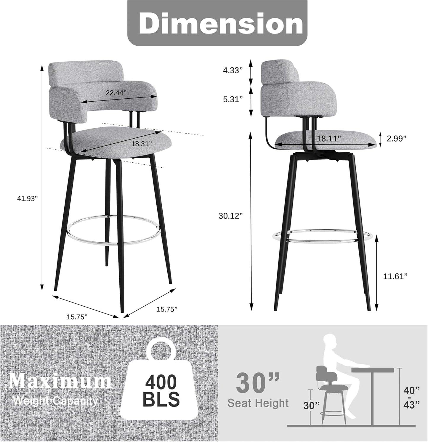Swivel Bar Stools Set of 2, Counter Height Bar Stools with Ergonomic Full Back, Upholstered Linen Fabric Barstools with Chrome Metal Footrest for Kitchen Island, Dining Room