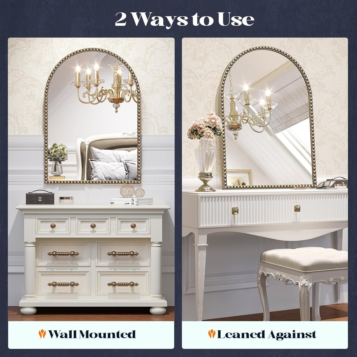 Beaded Arched Mirror for Wall, 24"x38" Gold Arch Bathroom Vanity Mirror, Retro Brass Metal Frame Decorative Mirror for Bedroom Dressing Room Entryway Fireplace