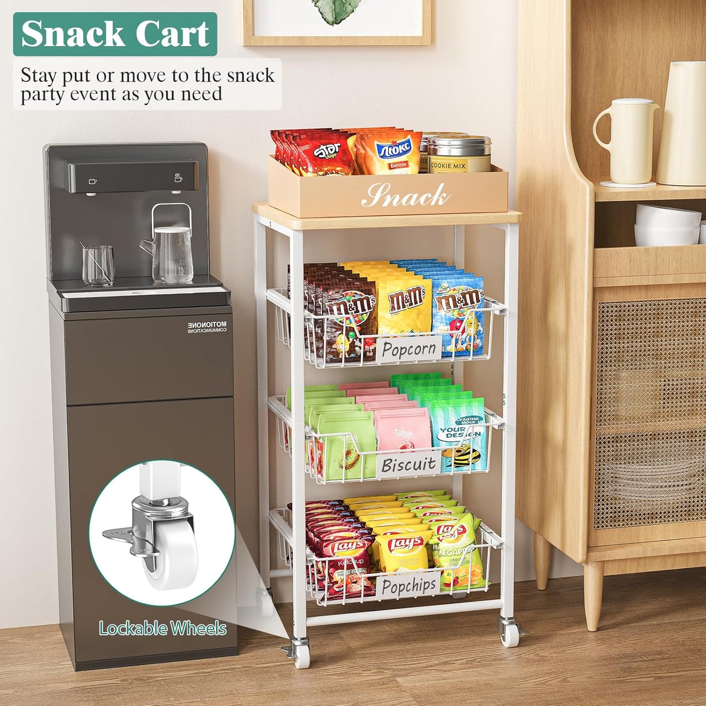 Fruit Vegetable Basket for Kitchen Pantry Storage Organizer, 4-Tier Metal Utility Kitchen Rolling Cart on Wheels with Drawer Rack and Wood Top for Potatoes Onions