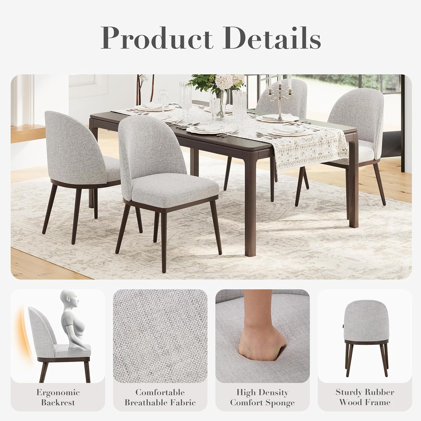COLAMY Upholstered Dining Chairs Set of 4, Large Dining Room Kitchen Chairs with High Back and Deep Seat, Modern Fabric Dinner Chairs with Wood Legs, Light Grey