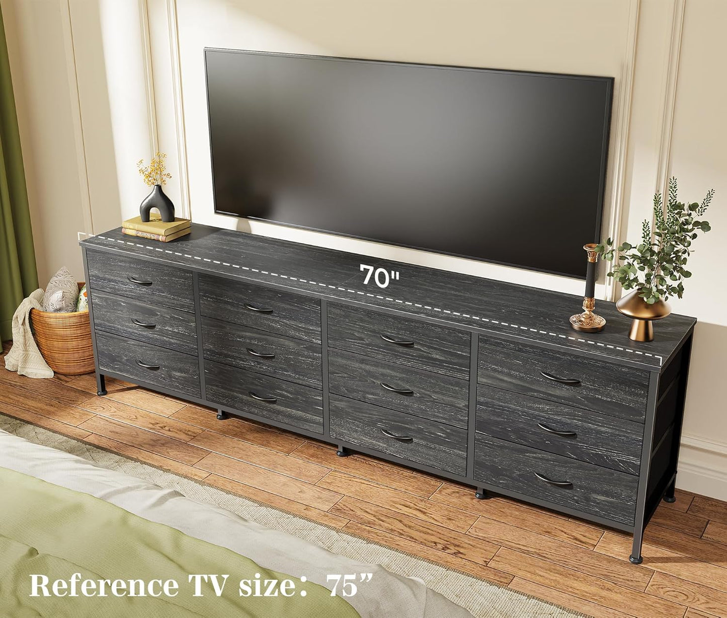 Huuger 70 Inch Dresser for Bedroom, TV Stand for 65, 75, 80 Inch TV,12 Fabric Drawer Long Dresser, Large Storage Organizer Unit, Chest of Drawer for Bedroom, Charcoal Black Wood Grain Print