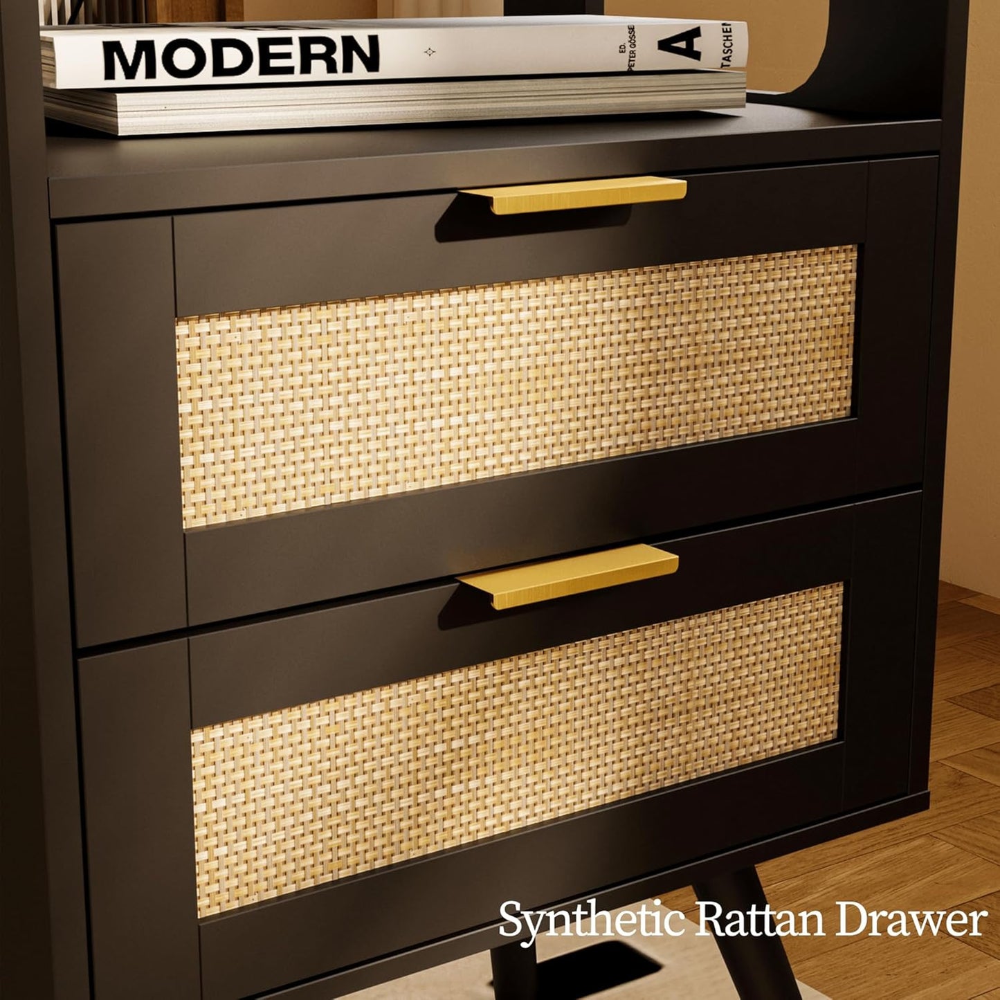 Rattan Nightstand with Charging Station,Farmhouse Bedside Table with 2 Storage Drawer and Open Wood Shelf, for Bedroom and Small Spaces,Night Stand with Solid Wood Legs (Black-Outlet)