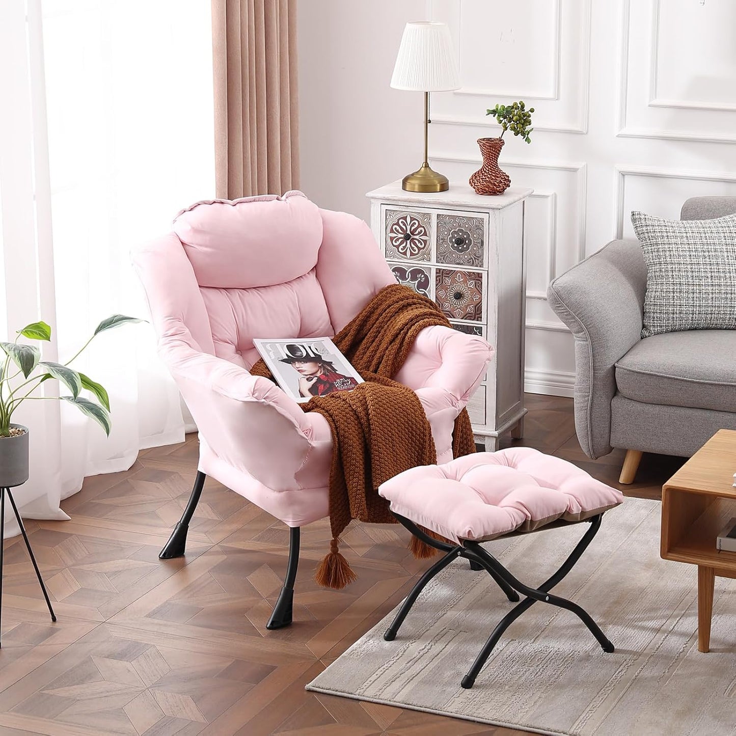 Lazy Chair with Ottoman, Modern Reading Lounge Accent Chair with Armrests and a Side Pocket, Leisure Upholstered Lazy Sofa Set with Footrest for Small Space, Pink