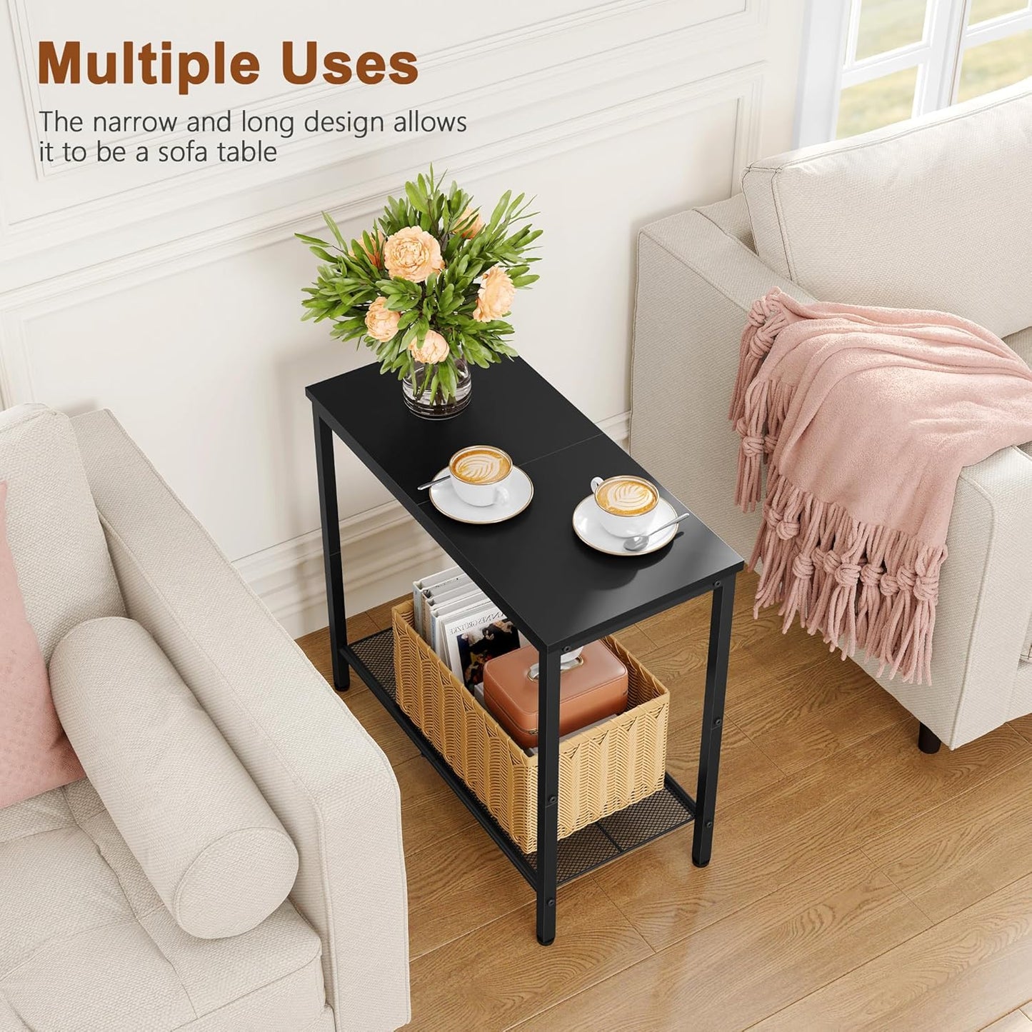 Hoctieon 2 Tier End Table, Sofa Side Table, Narrow Side Shelf with Storage, Slim Nightstand for Small Spaces, Metal Frame, for Living Room, Bedroom, Sofa Couch, Hall, Black, 2 Set