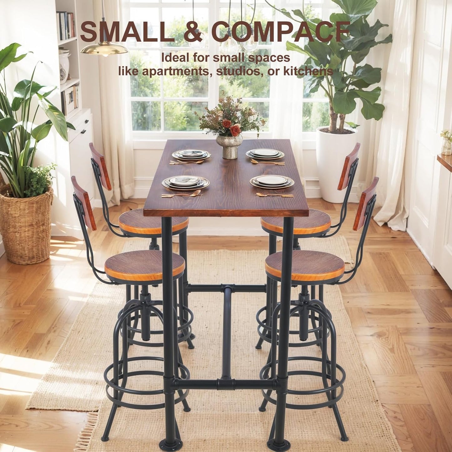 Industrial 41.3inch Height Bar Table Vintage Pipe Design Bistro Table Rustic Kitchen Dining Breakfast Desk Farmhouse Office Computer Desk Wooden Top Pub Coffee Table