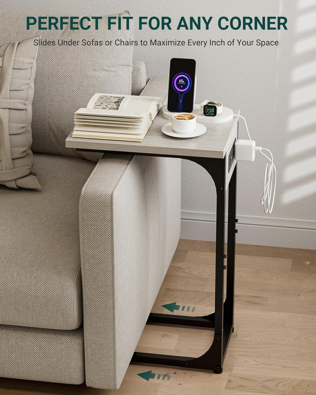 C-Shaped Side Table for Couch - Small Coffee Stand Sofa Tray Desk with Metal Frame Waterproof Scratch Resistant Wood Top and Built-in Charging Station, Greige