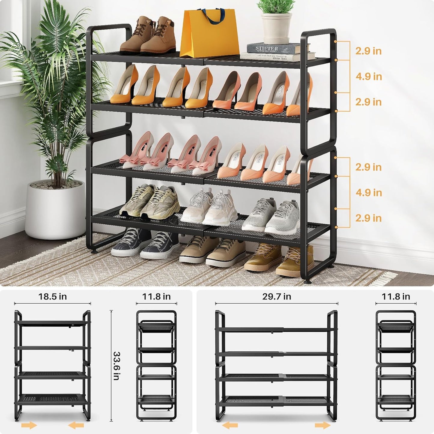 Shoe Rack - Expandable Shoe Organizer for Closet, Adjustable Metal Shoe Shelf Storage, 4 Tier Stackable Long Shoe Stand Holder for Garage, Entryway, Door Entrance, Black