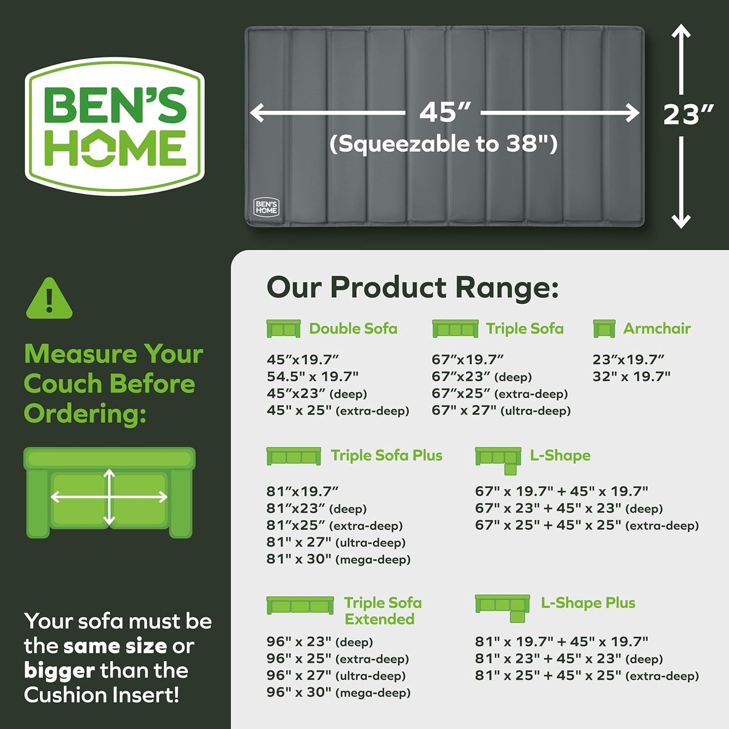 BEN'SHOME® Deep Loveseat Cushion Support for fix Sagging Seats - Heavy Duty Solid Wood Sofa Support Board | Adjustable 38"-45" x 23" Under Cushion Insert | Non-Slip Furniture Saver | 400 LB Capacity