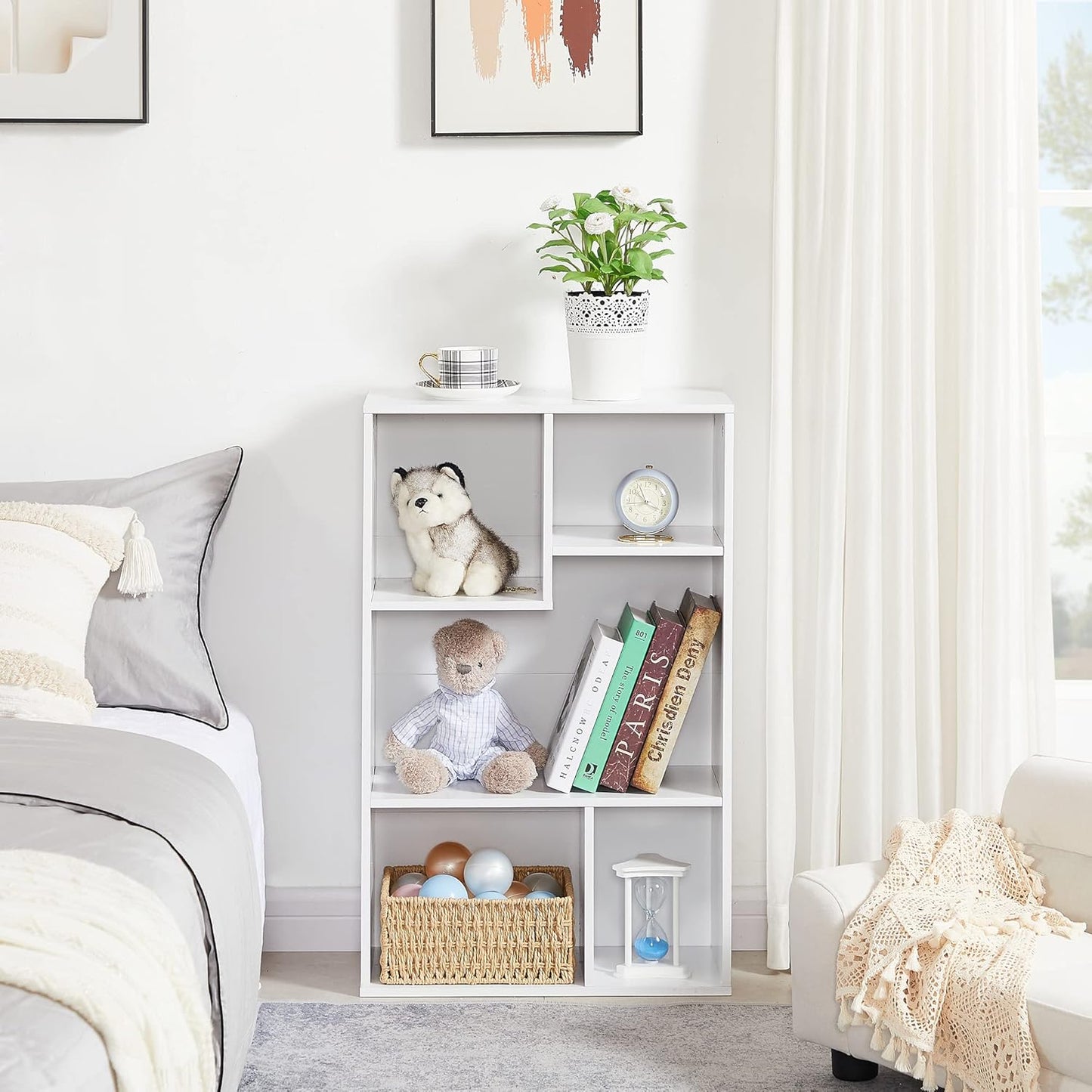 VECELO 5 Cube Modern Bookcases, 3 Tier Bookshelves, 31 Inch High Cubby Storage Organizer, Shelf Hight Up to 12.8 Inches Suit for Most Books, Vertical or Horizontal Use Available,Pearl White