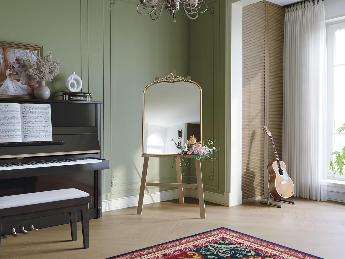 Arched Antique Gold Mirror, 28"x36" Vintage Bathroom Vanity Mirror, Ornate Arched Brass Wall Mirror for Over Sink/Fireplace/Entryway