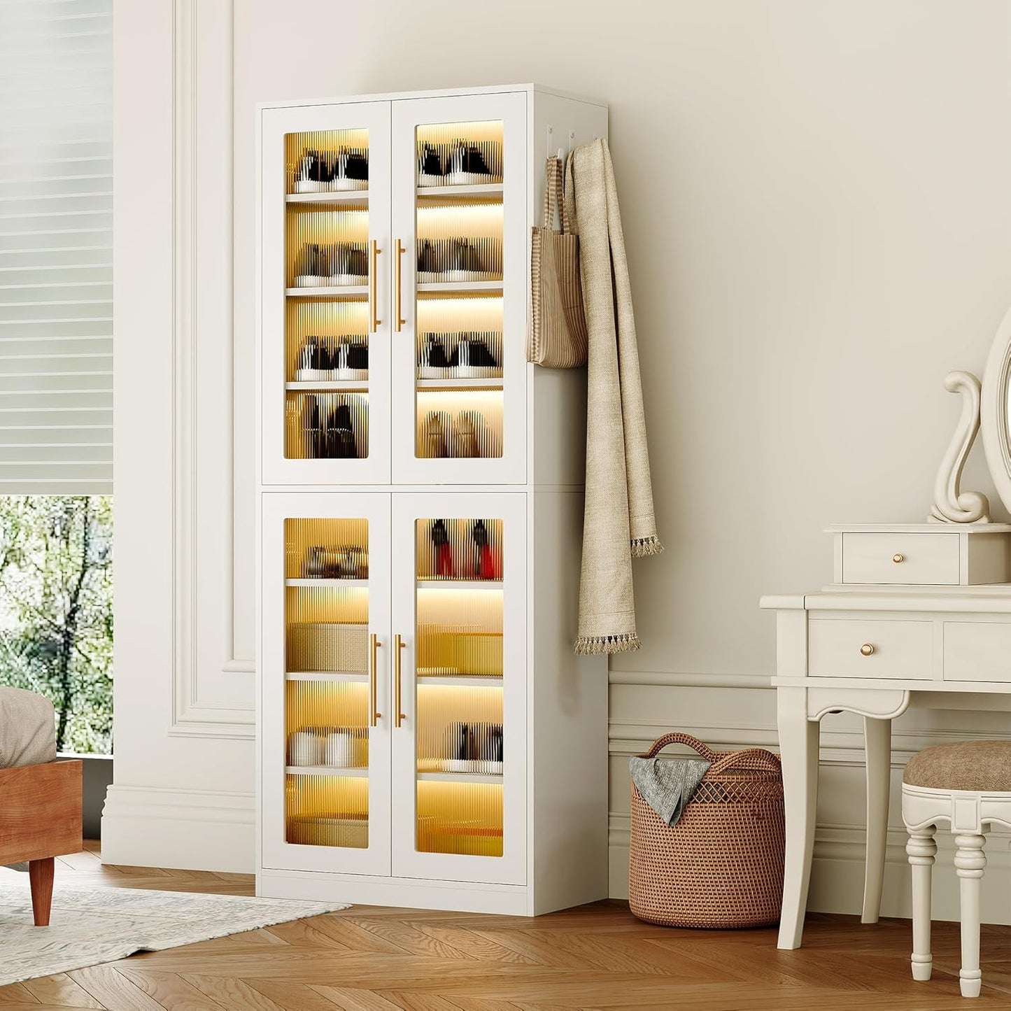 LITTLE TREE Stylish 8-Tier Vertical Shoe Rack with Built-in LED Lighting, Doors for Dust Protection, and Convenient External Hooks, Shoe Cabinet for Entryway, Living Room, Bedroom, White