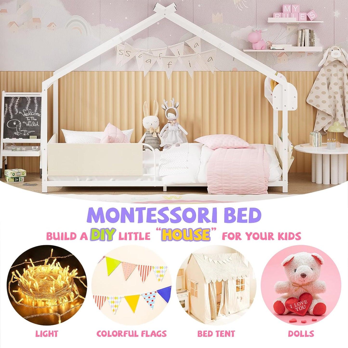 Timy House Shape Twin Size Montessori House Bed Metal Floor Bed with Storage Rack and Caddy Twin Bedframe for Kids No Box Spring Needed White