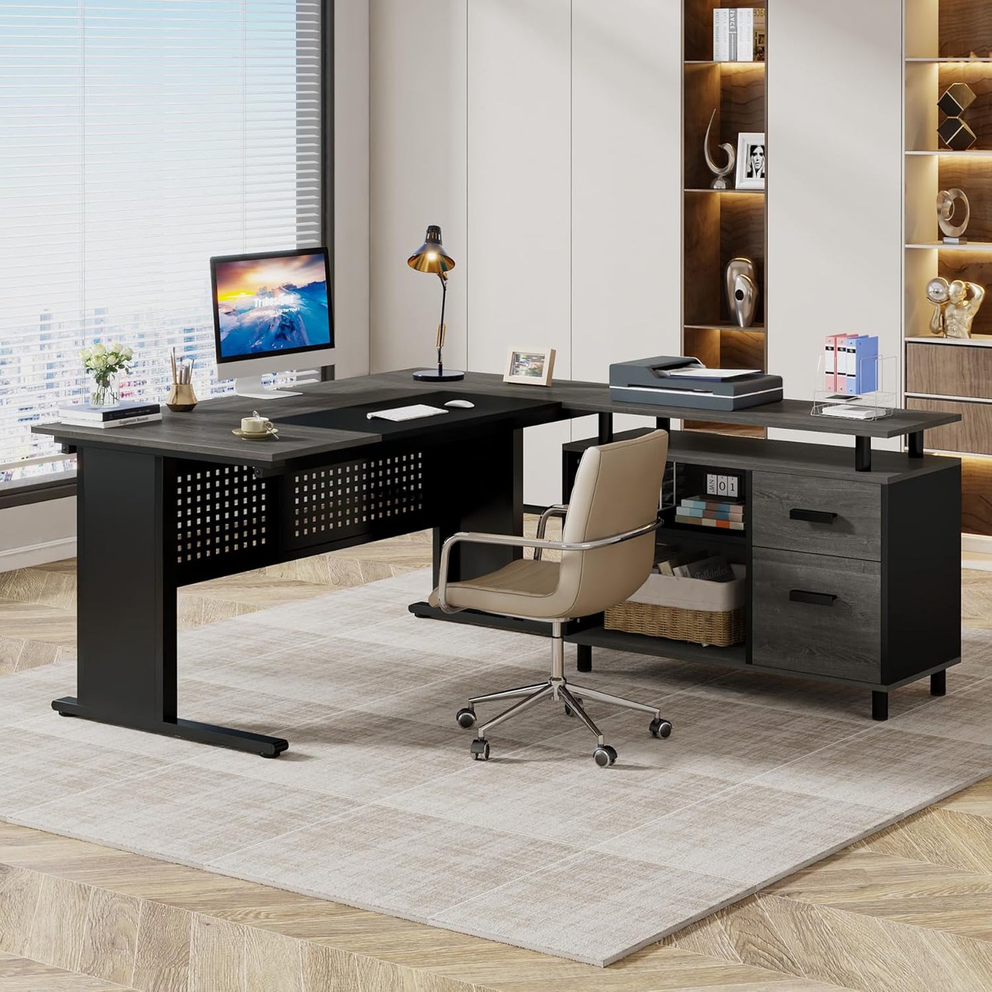 LITTLE TREE Large Computer Desk with File Cabinet, 63 Inch Executive Desk L Shaped Office Desk with Drawers and Storage Shelves, Business Furniture Desk Workstation for Home Office