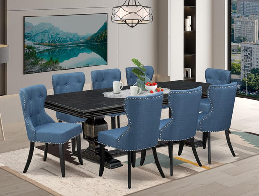 NKSI9-SBB-21-9-Piece Kitchen Table Set Consists of a Dinner Table and 8 Blue Linen Fabric Upholstered Chairs with Button Tufted Back - Sand Blasting Black Finish