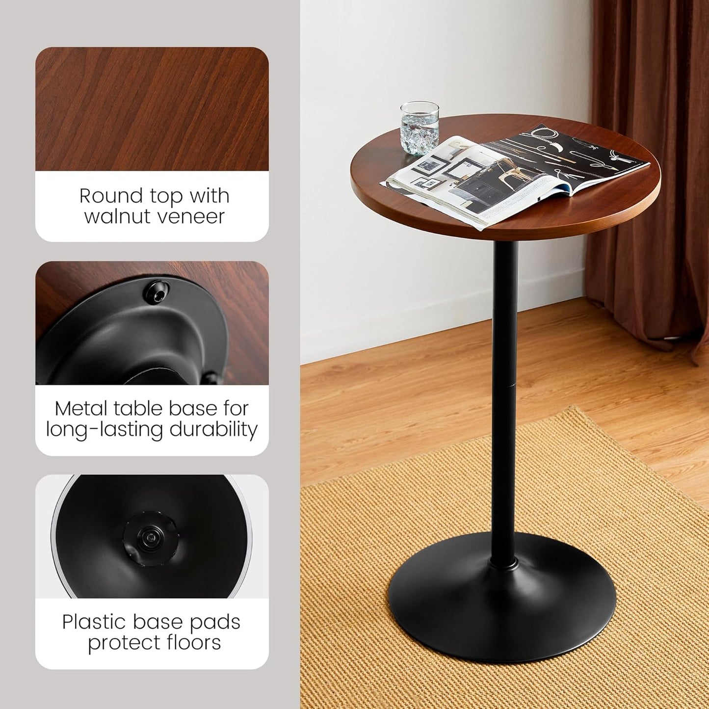 Glitzhome 39.5" H Round Pub Bistro Table, Round Bar Table Wood Top with Black Metal Leg and Base, Walnut Veneer Finish Cocktail Top Tall Table for Kitchen Island,Furniture (Walnut)