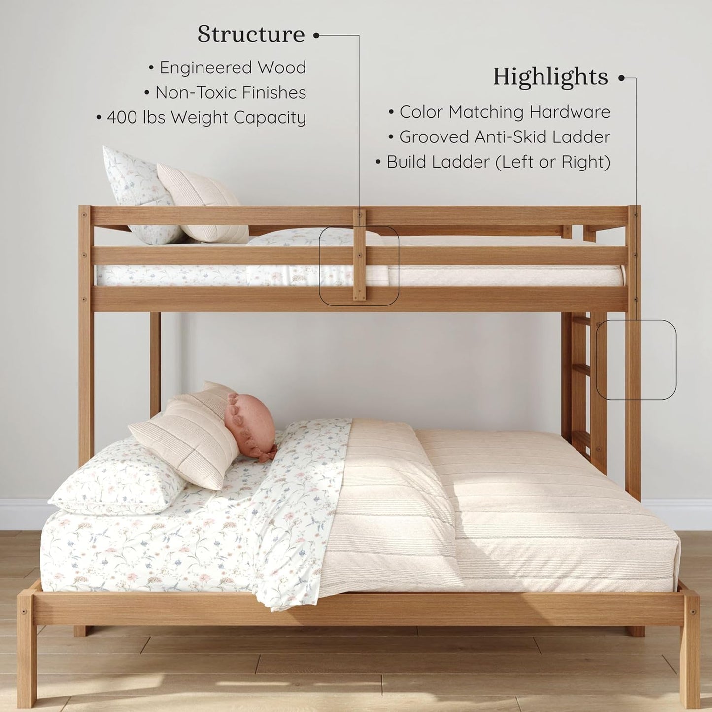 Grain & Grove Bear Twin XL Over Queen Bunk Bed, Sturdy Bunk Bed Frame for Kids, Plywood Bunk with Ladder, Guardrail, and Slats, No Box Spring Required, Oak Embossed Pecan