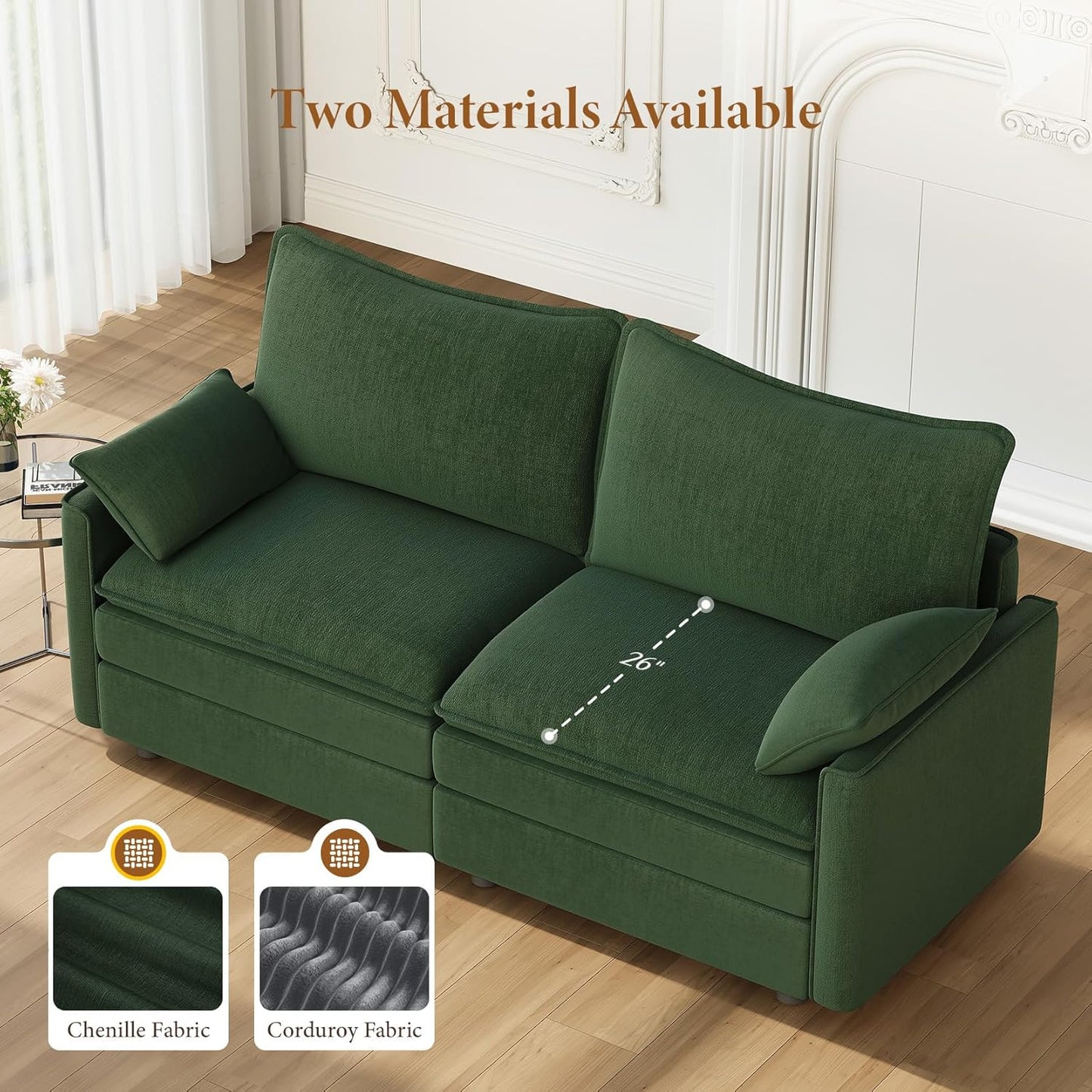 Vesgantti 74" Loveseat Sofa for Living Room, Comfy Cloud Couch Deep Seat Chenille Modern 2 Seater Small Sofa with Armrest Pillow, Easy Assembly for Small Spaces, Green