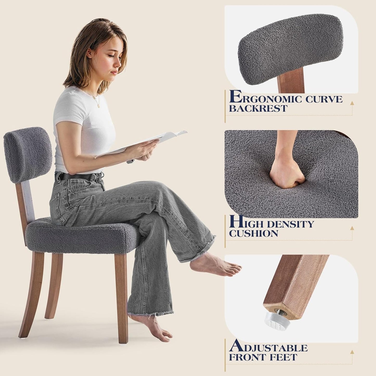 Farmhouse Chair Set of 4, Mid Century Modern Dining Chairs, Sherpa Upholstered Kitchen Chairs with Curved Backrest & Adjustable Legs for Living Room/Bedroom, Easy to Install, Grey Sherpa