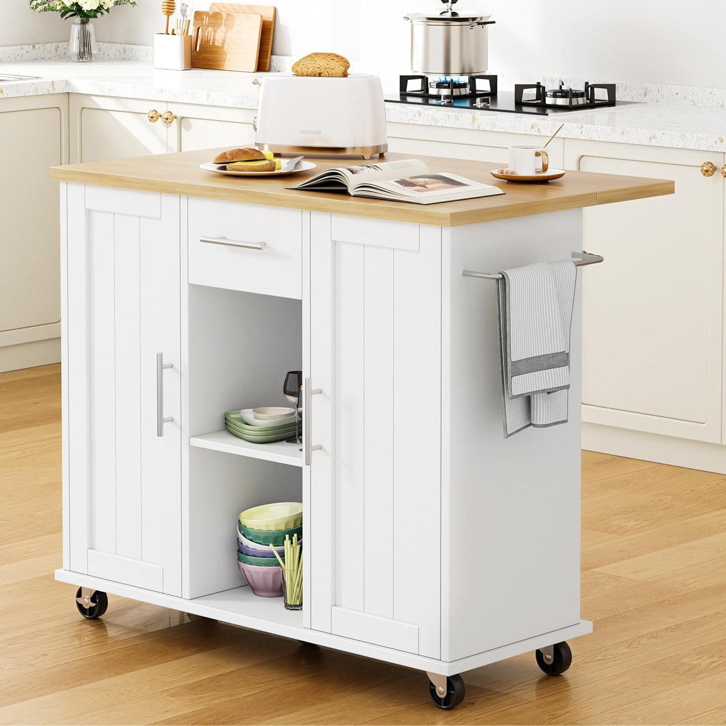 Shintenchi Kitchen Island with Storage, Bar Cart Cabinet Island Table on Wheels, Rolling Microwave Cart for Kitchen with Drop Leaf, Drawers, Towel Rack, Seating Area for Dining Room, White