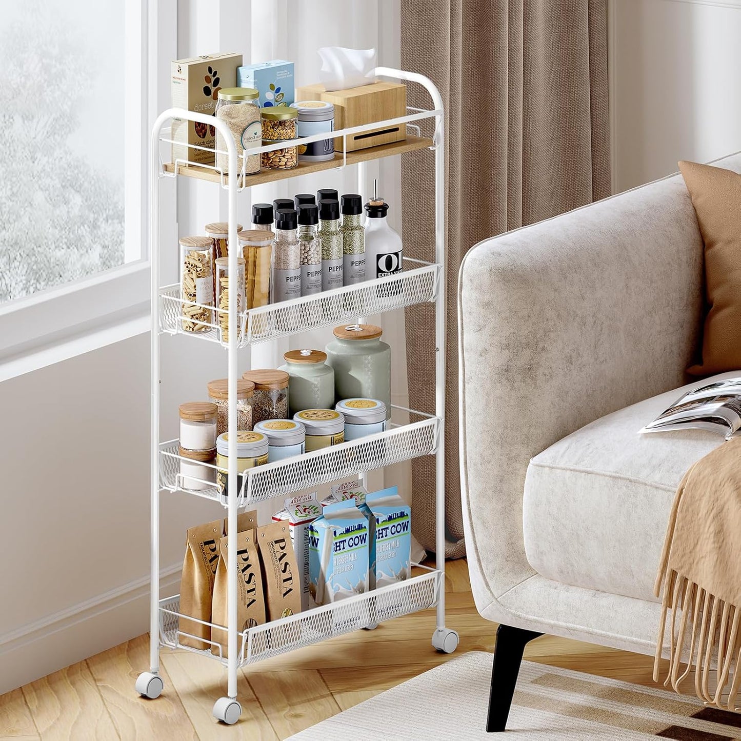 KINGRACK Metal Slim Rolling Cart,4-Tier Metal Utility Cart,Storage Cart with Wooden Tabletop, for Narrow Space on Laundry Bathroom Kitchen Room Bedroom Apartments Dormitory (Pure White, Slim)