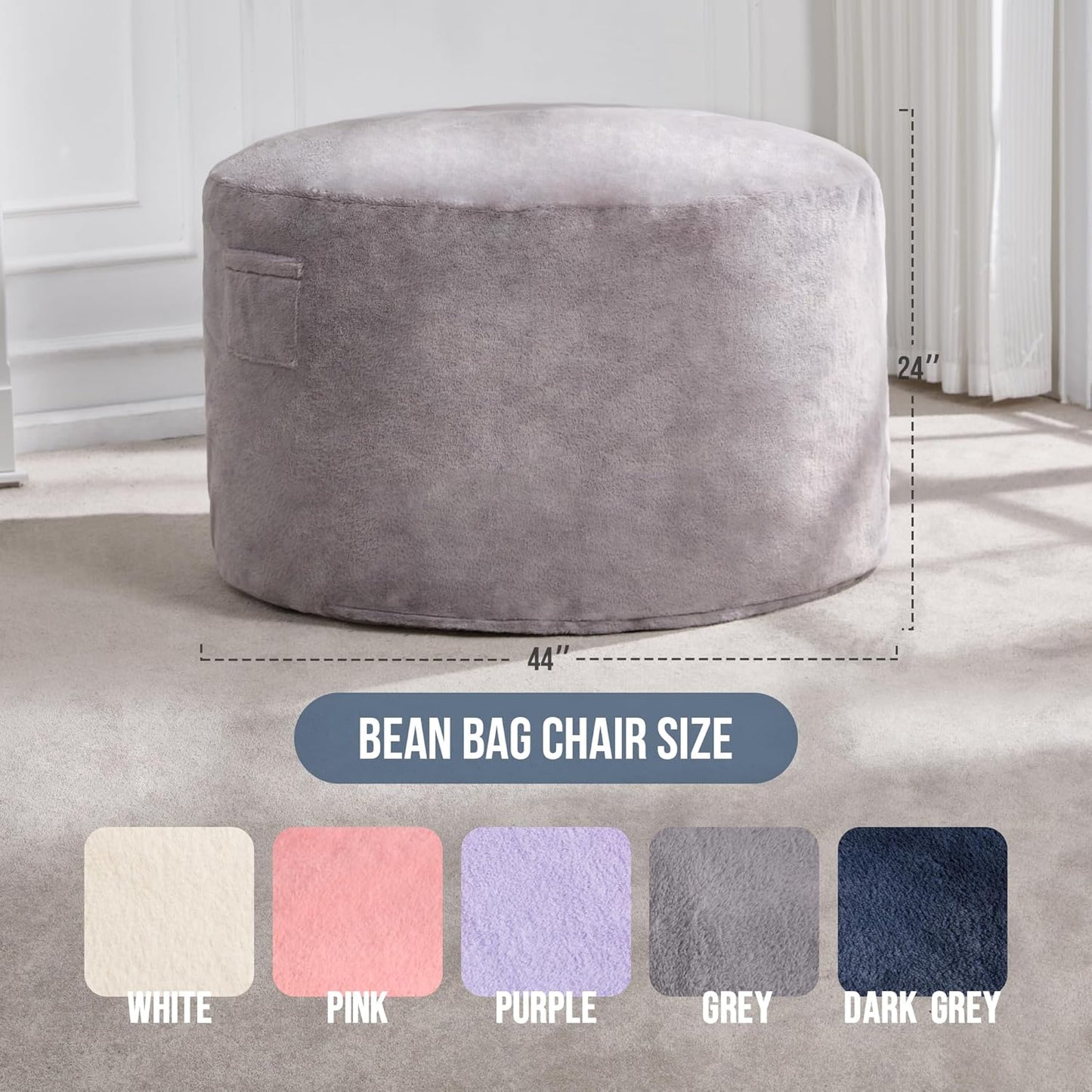 Hobestluk 4ft Bean Bag Chairs for Adults Large Beanbag Chair with Plush Faux Fur Cover Big Bean Bag Chair for Living Room Bedroom Dorm Office - Grey (44” x 44” x 24”)