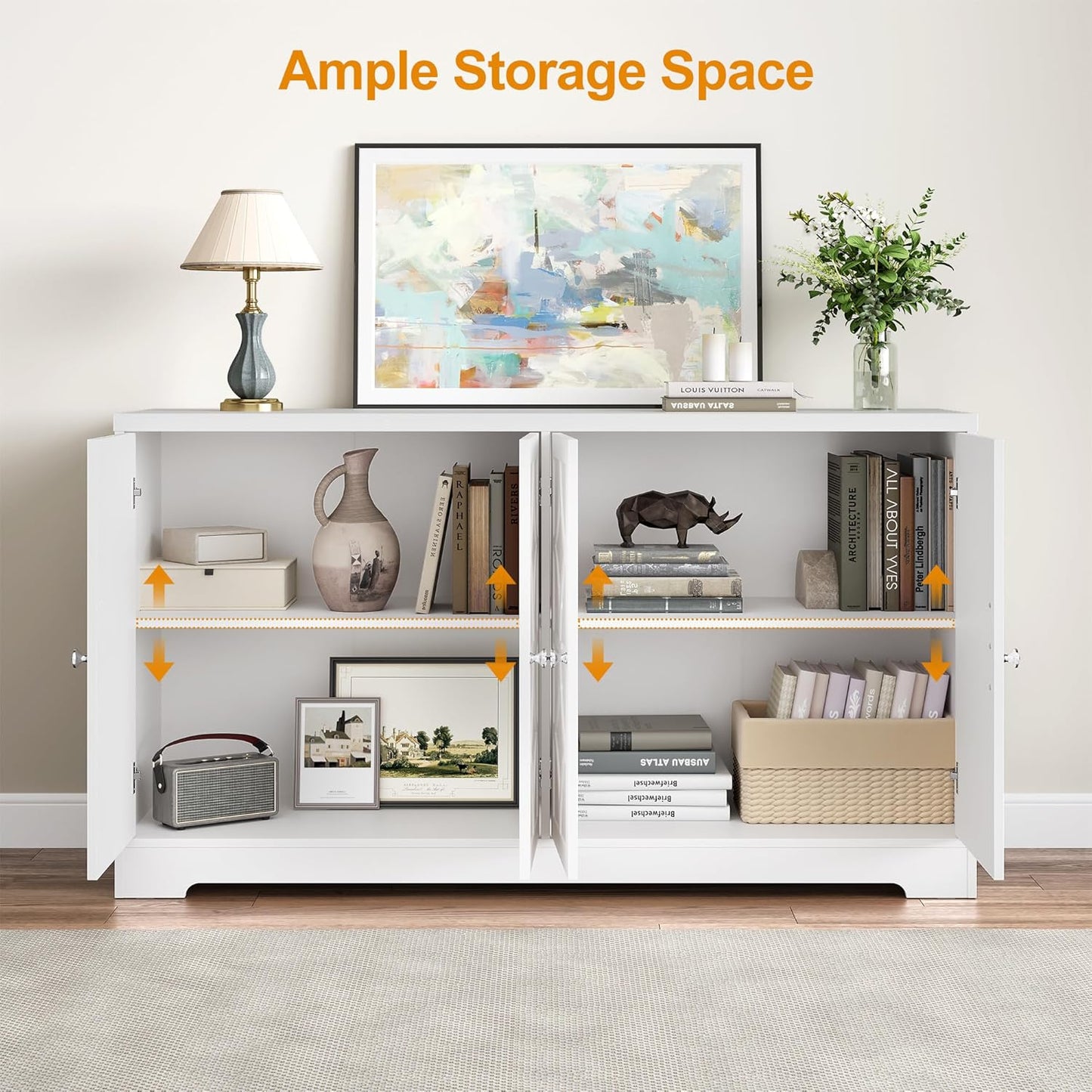 Sideboard Buffet with 4 Doors, Mid-Century Sideboard Cabinet with Adjustable Shelves, Accent Cabinet for Entryway, Living Room, Dining Room, White