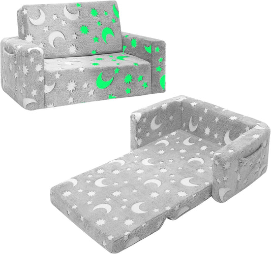 SLIGUY Kids Chair, Toddler Couch, Fold Out Sofa Chair, Toddlers Convertible Sofa to Lounger Pull Out Couch, Glow in The Dark Sofa Chair for Boys and Girls Large (Grey)