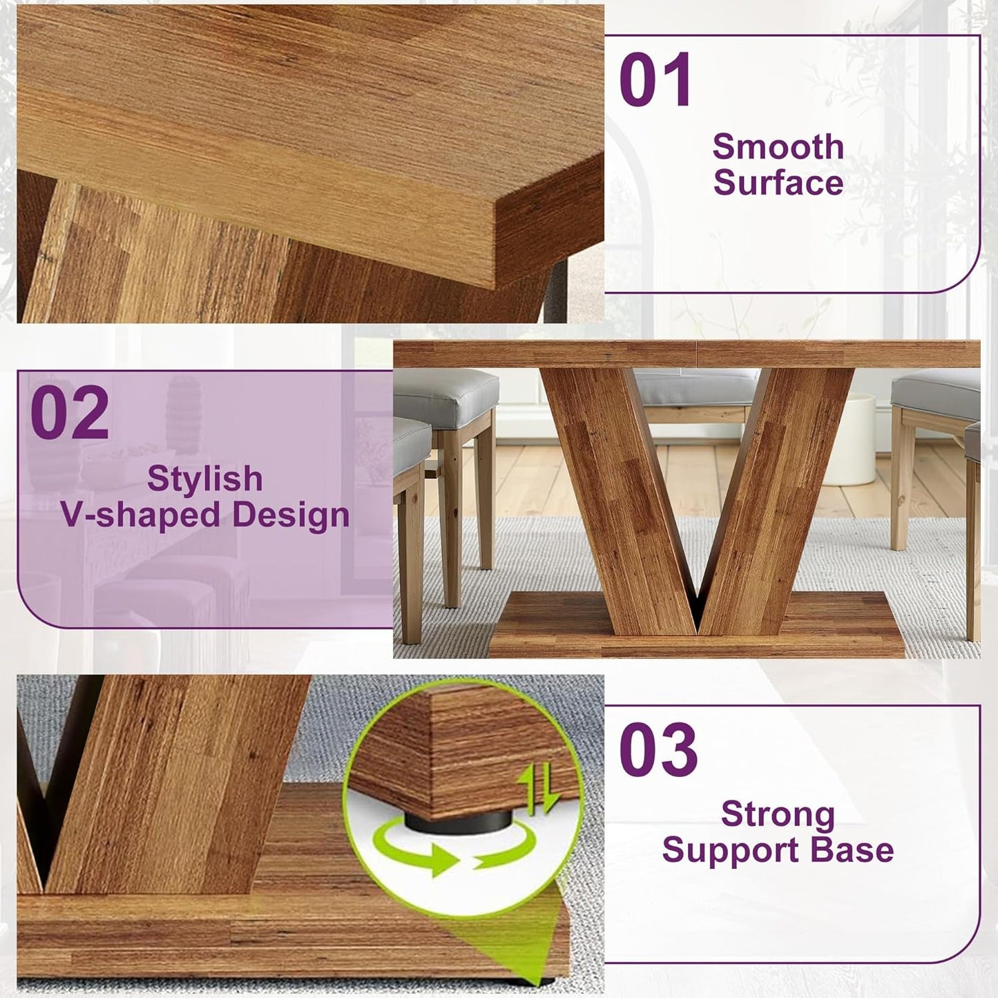 47" Dining Table, Wooden Kitchen Dinner Table Heavy Duty, Farmhouse Table for Dining Room, Living Room Space Saving, Brown