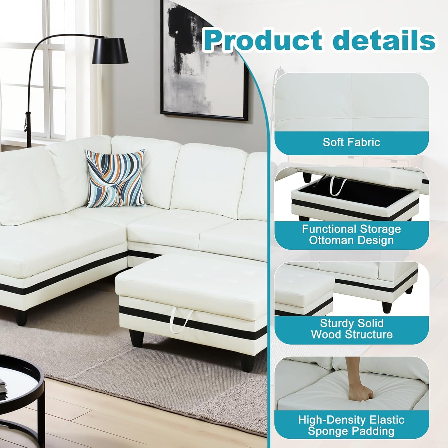 L Shaped Couch PU Leather Sectional Couch Upholstered 3 Pieces Sofas for Living Room with Chaise, Storage Ottoman for Office and Small Apartment, Black and White