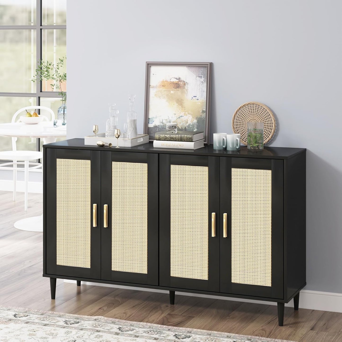 Buffet Sideboard,Kitchen Storage Cabinet with 4 Rattan Decorated Doors,Coffee Bar Cabinet with Adjustable Shelves for Living Room,Hallway,Black