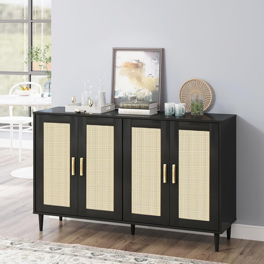 Buffet Sideboard,Kitchen Storage Cabinet with 4 Rattan Decorated Doors,Coffee Bar Cabinet with Adjustable Shelves for Living Room,Hallway,Black