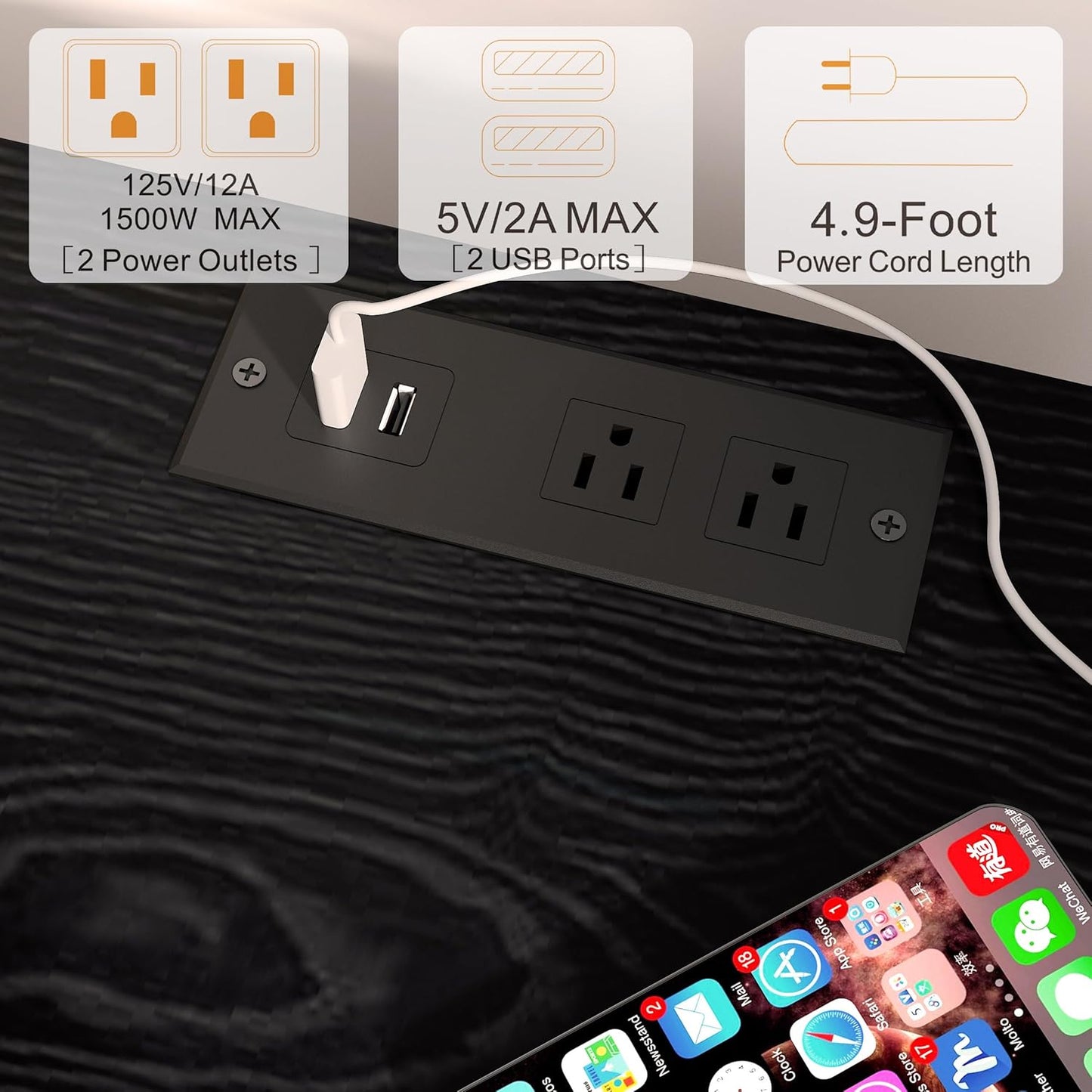 Nightstand with Charging Station, Bedside Tables with Glass Decorative Door, Black Wood Grain End Table, Side Table with 2 Tiers Storage Space for Bedroom Living Room CAMLBZ07XE