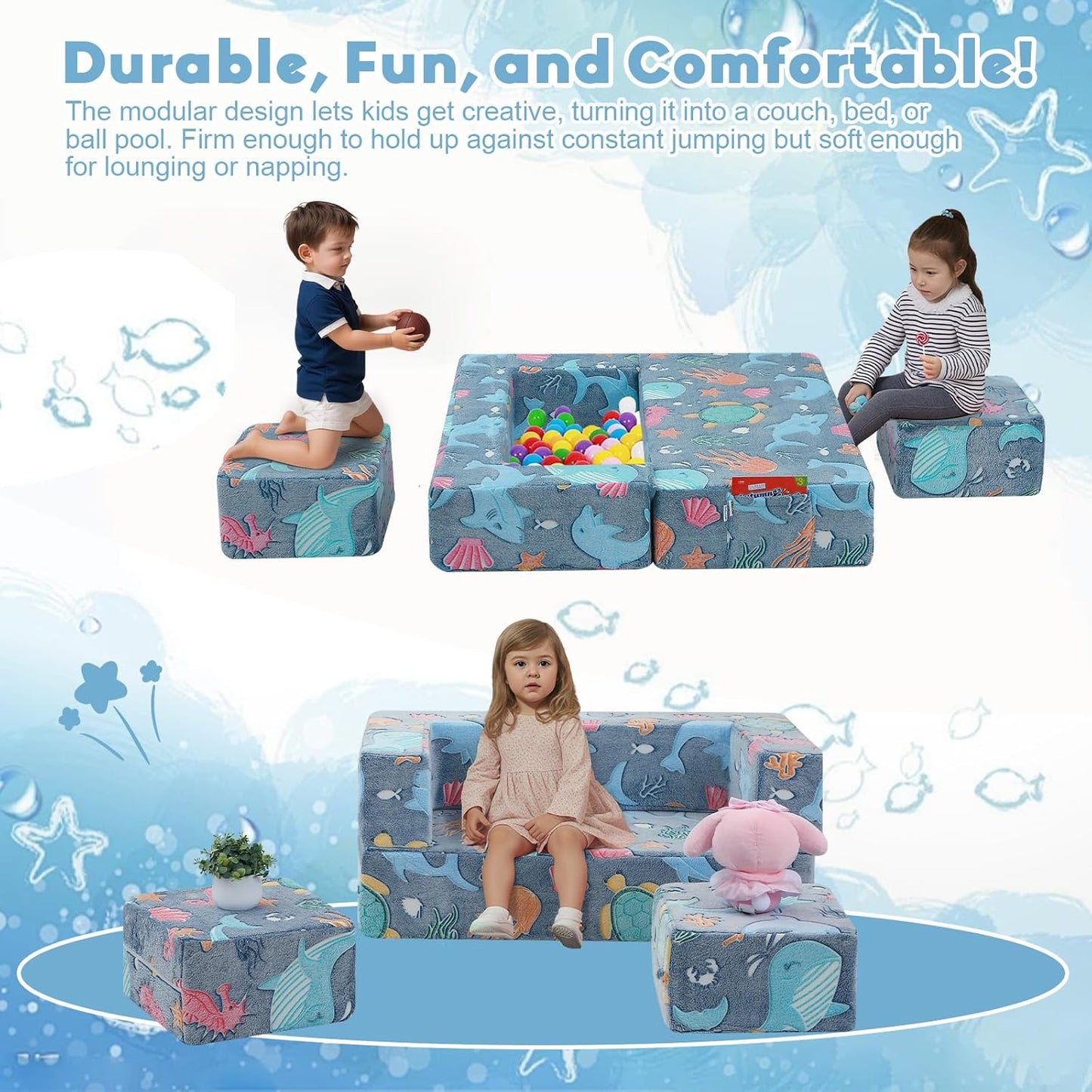 MeMoreCool Modular Kids Couch, Glow Play Toddler Couch for Bedroom Playroom, Convertible Foam Kids Sofa Bed, Fold Out Baby Sofa for Girl Boy