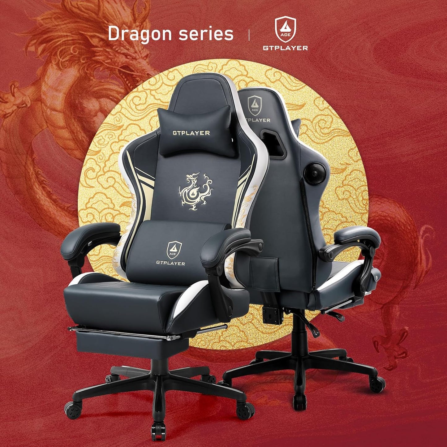 GTPLAYER Gaming Chair with Bluetooth Speakers and Footrest, Dragon Series Video Game Chair, Heavy Duty, Ergonomic, Esports Computer Office Chair,(BLUEGRAY)