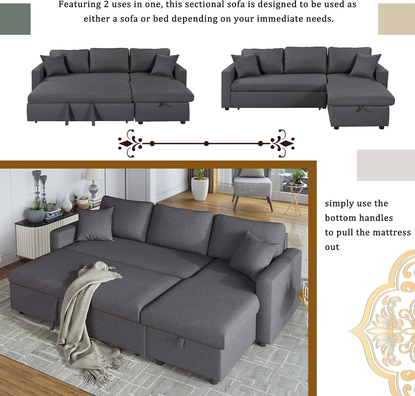 87.4 Inch L Shape Sleeper Sectional Sofa with Storage Chaise, Pull Out Bed and 2 Tossing Cushions, Upholstered Corner Couch for Living Room, Apartment, Home Furniture, Gray