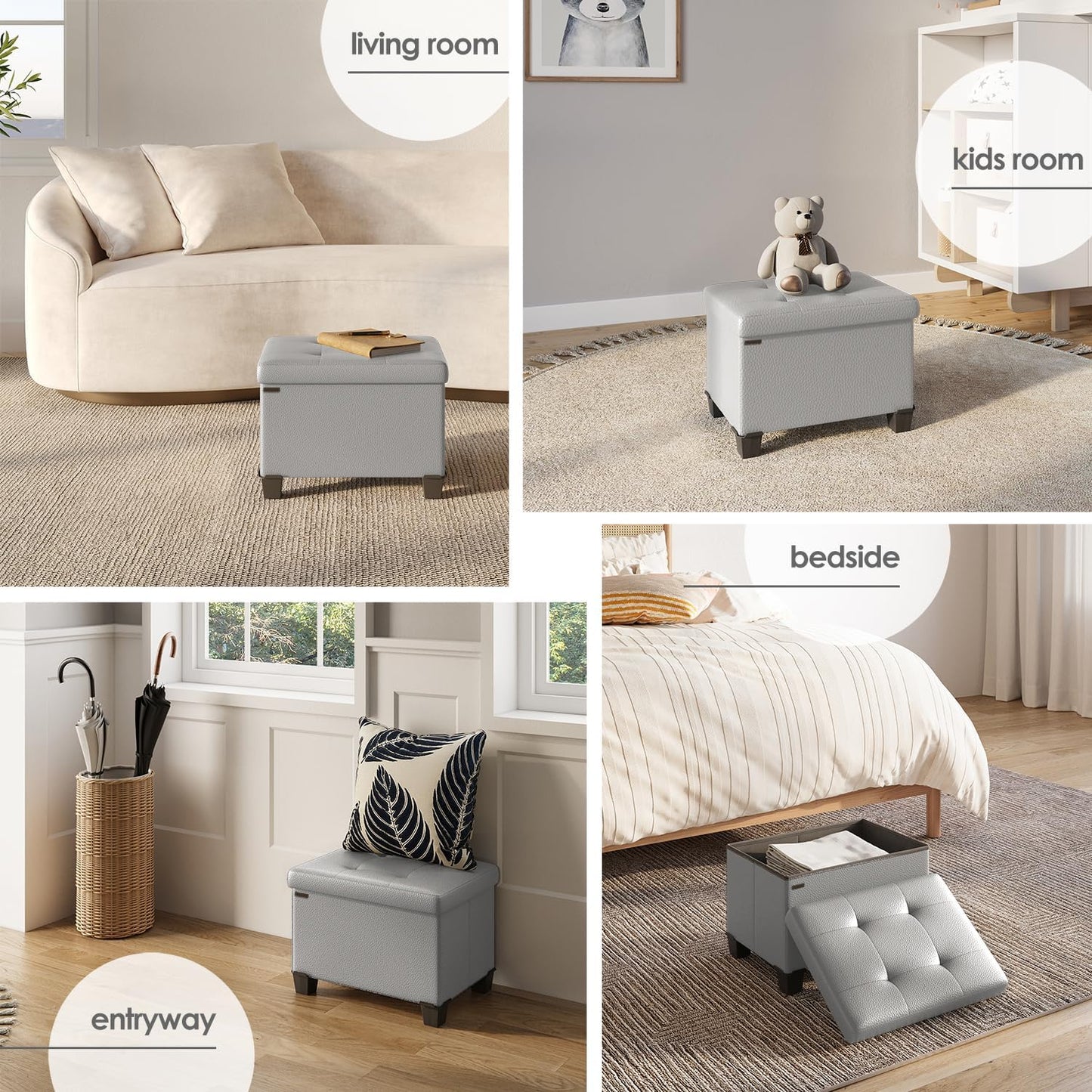 STORAGEBUD Storage Ottoman Cube with Small Bin, 16-in Square Ottoman with Storage for Living Room and Bedroom, Small Ottomans Foot Rest, Faux Leather Foot Stools Ottomans Max 330lbs, Light Grey