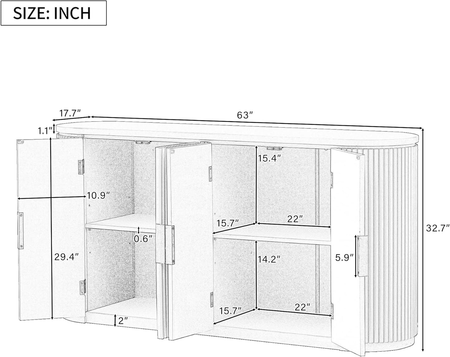 Merax 63" Large Sideboard, Vertical Striped Storage Cabinet with 4 Door, Metal Handles, Adjustable Shelf, Suitable for Study, Entryway and Living Room, Black