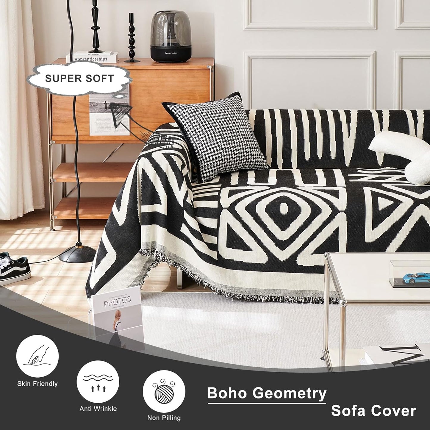 STACYPIK Reversible Boho Couch Cover Ivory Black Futon Armchair Slipcovecrs Anti-Slip Sofa Cover for Dogs Cats Geometric Triangle Couch Cover Versatile Furniture Protector for 2 Cushion Couch-71X102IN