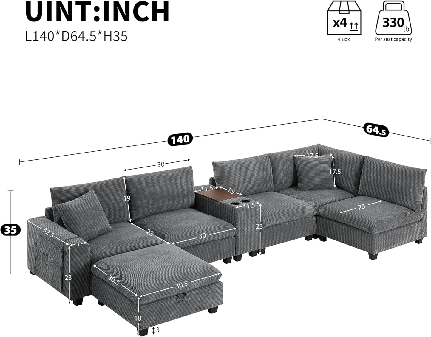 Merax 140'' Oversized Modular Sectional Sofa with Storage Ottoman and Console, Removable Storage Pockets, Cup Holder, Wide Seat, USB Charger, 6 Seat U Shaped Chenille Couch Set for Living Room, Gray