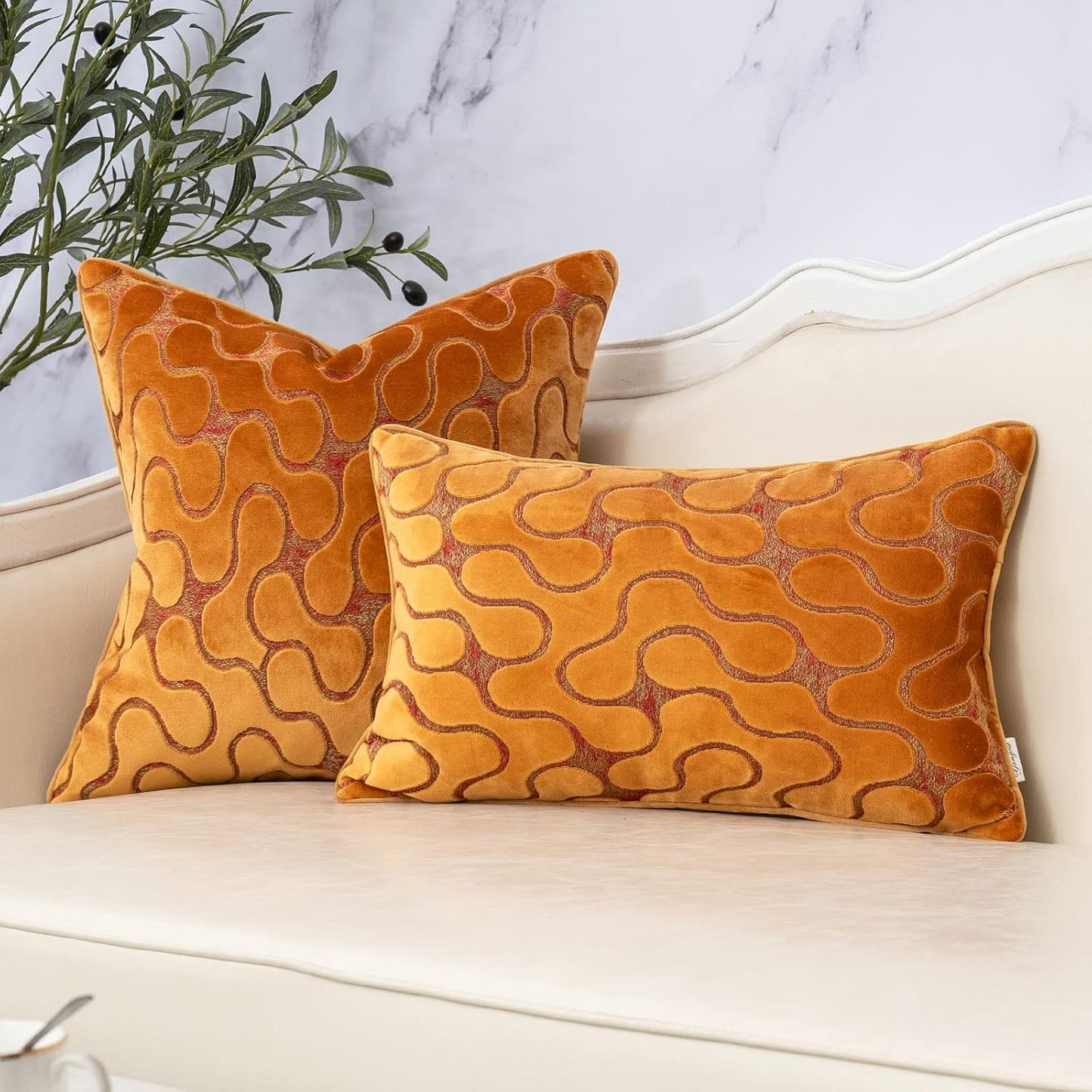 Yangest Orange Yellow Square Throw Pillow Cover Wavy Velvet Cushion Cover Modern Zippered Pillowcase for Sofa Couch Bedroom Living Room Chair, 18 x 18 Inch