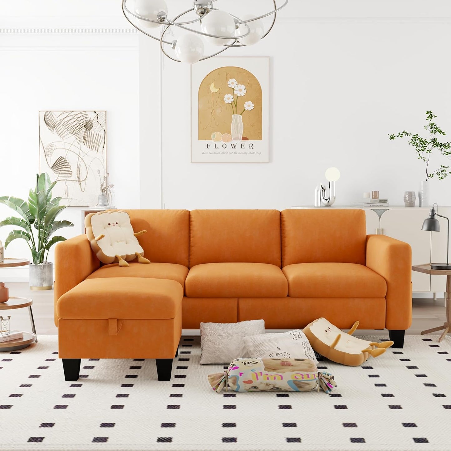 ZeeFu Convertible Sectional Sofa Couch,Classic 3 Seat L-Shaped Sofa Set with Movable Ottoman, Modern Orange Velvet Upholstered Small Sectional Sofa Couch for Small Space Apartment Living Room Office