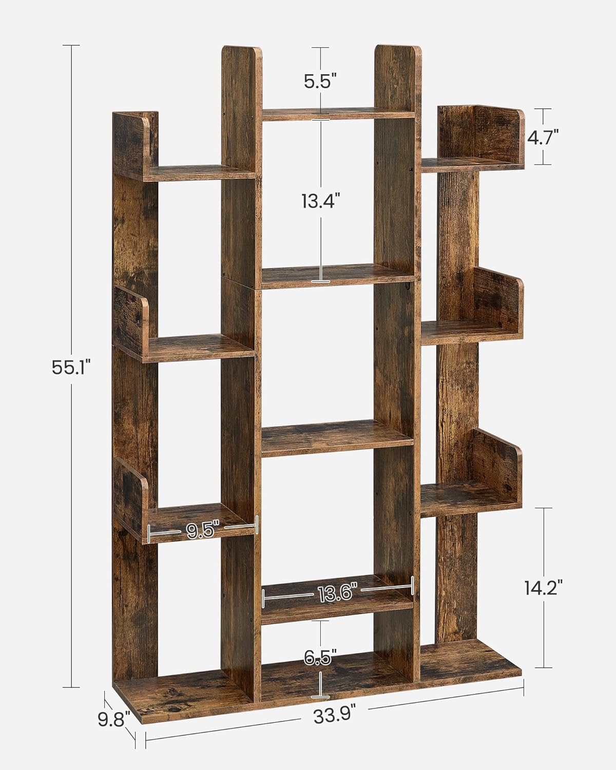 VASAGLE Bookshelf, Tree-Shaped Bookcase with 13 Storage Shelves, Rounded Corners, 9.8”D x 33.9”W x 55.1”H, Rustic Brown ULBC67BXV1