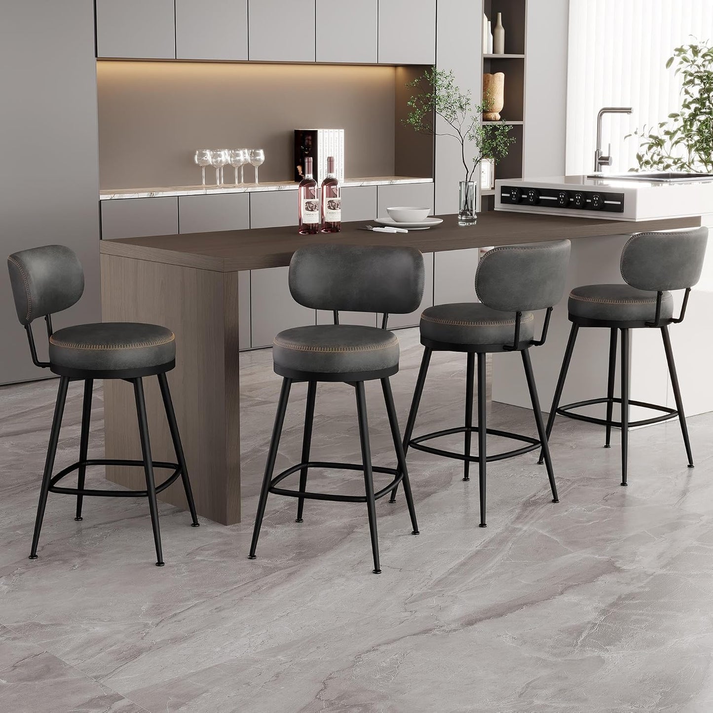 Counter Height Bar Stools, 26" H Swivel Barstools Set of 4, Faux Leather Kitchen Counter Stools with Back and Stylish Stitching, Metal Frame, Pub, Home Bar, Black Grey