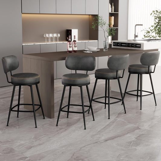 Counter Height Bar Stools, 26" H Swivel Barstools Set of 4, Faux Leather Kitchen Counter Stools with Back and Stylish Stitching, Metal Frame, Pub, Home Bar, Black Grey
