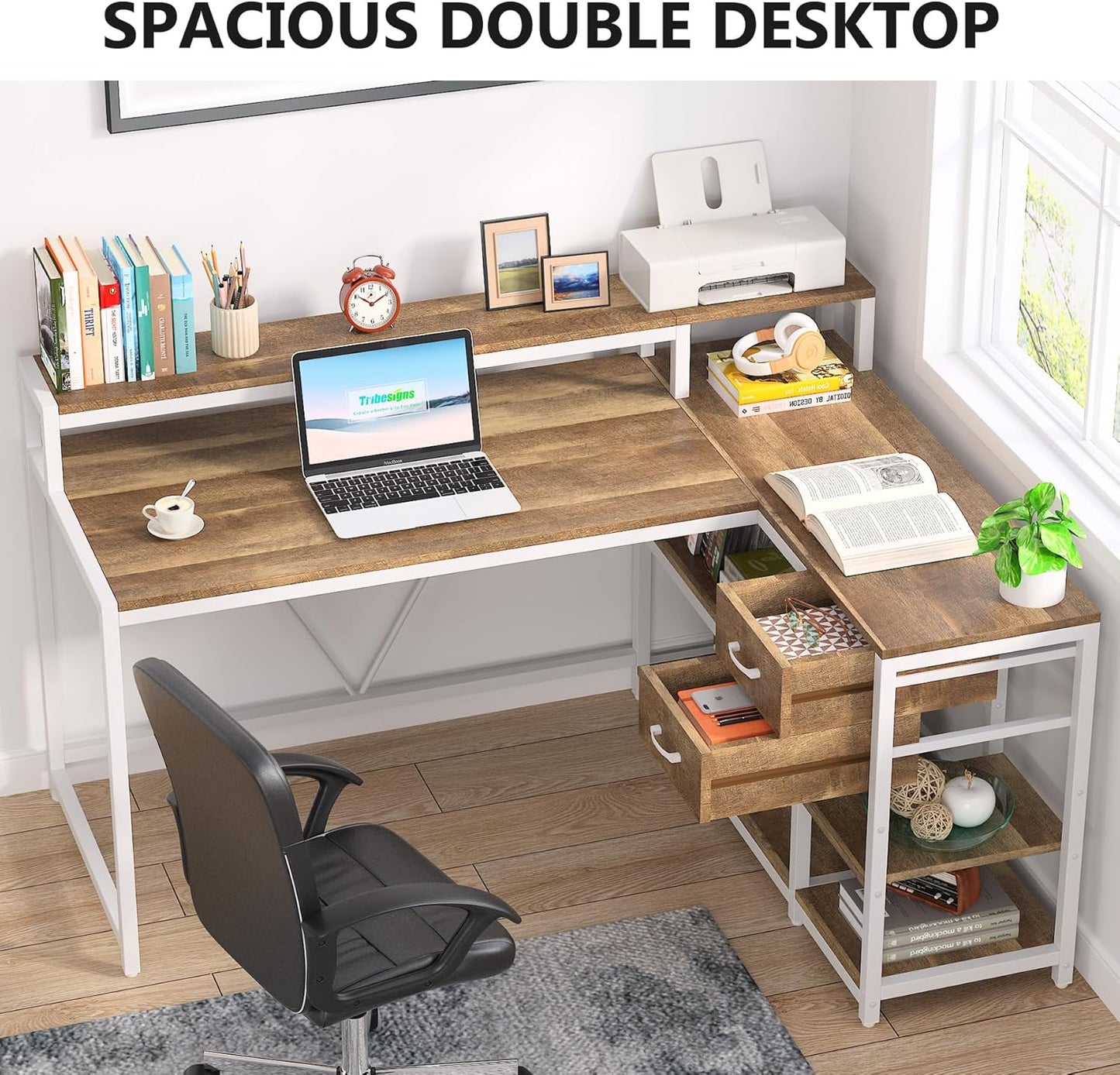 Tribesigns L Shaped Desk with Drawers and Monitor Stand, L Corner Desk with Storage Shelves, Beige Wooden PC Table for Samll Home Office