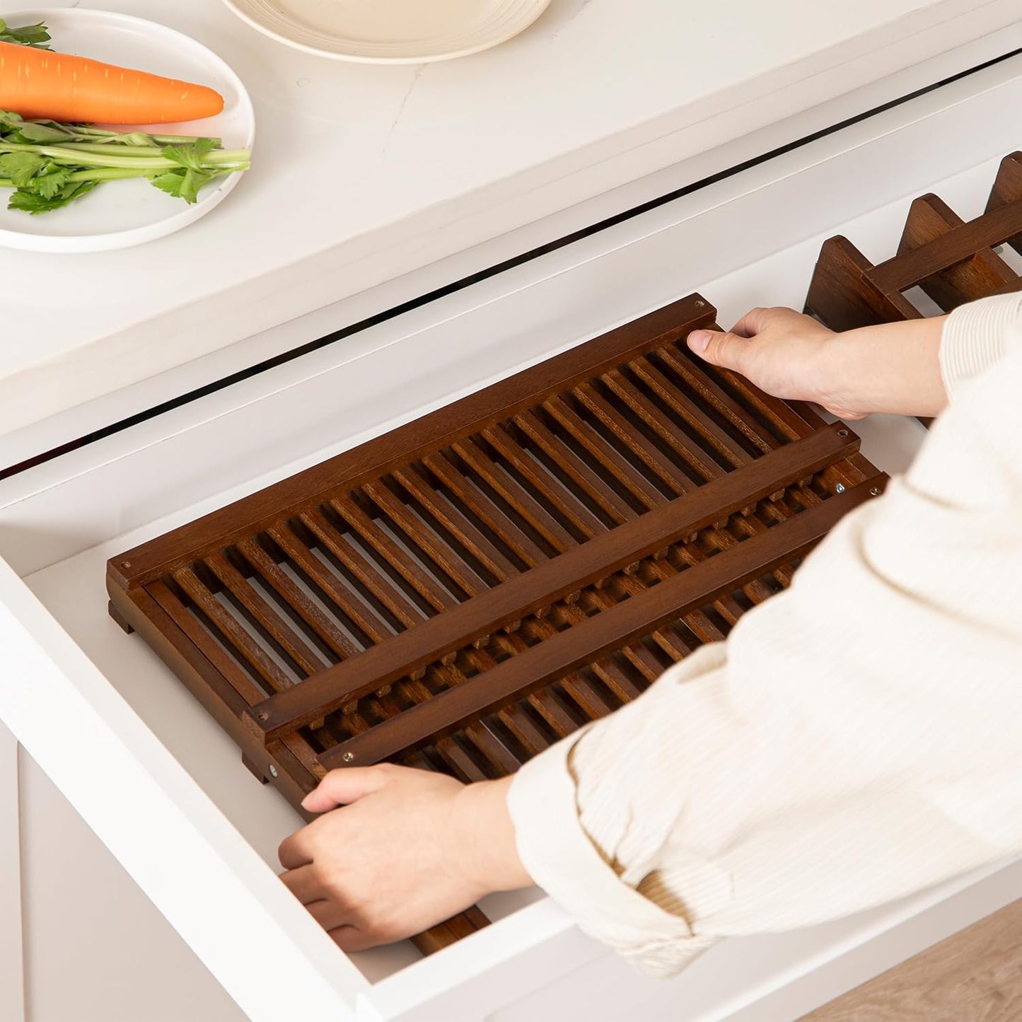 HBlife Dish Rack,Teak Folding 2-Tier Collapsible Drainer Dish Drying Rack with Utensils Flatware Holder Set