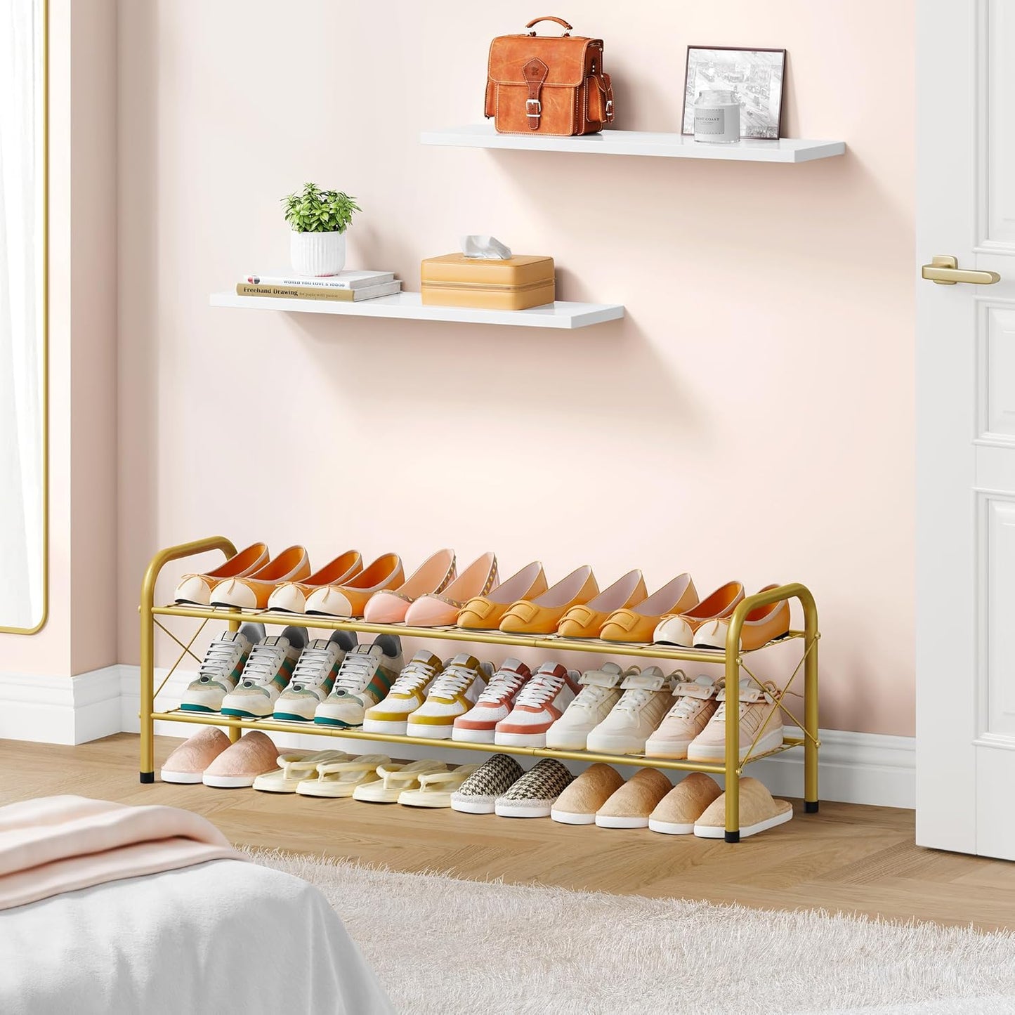 Hoctieon 2 Tier Shoe Rack for Closet, Durable Mesh Style Shoe Rack, Entryway Shoe Shelf, Shoe Storage Organizer for Hallway, Bedroom, Living Room, Wardrobe, Gold