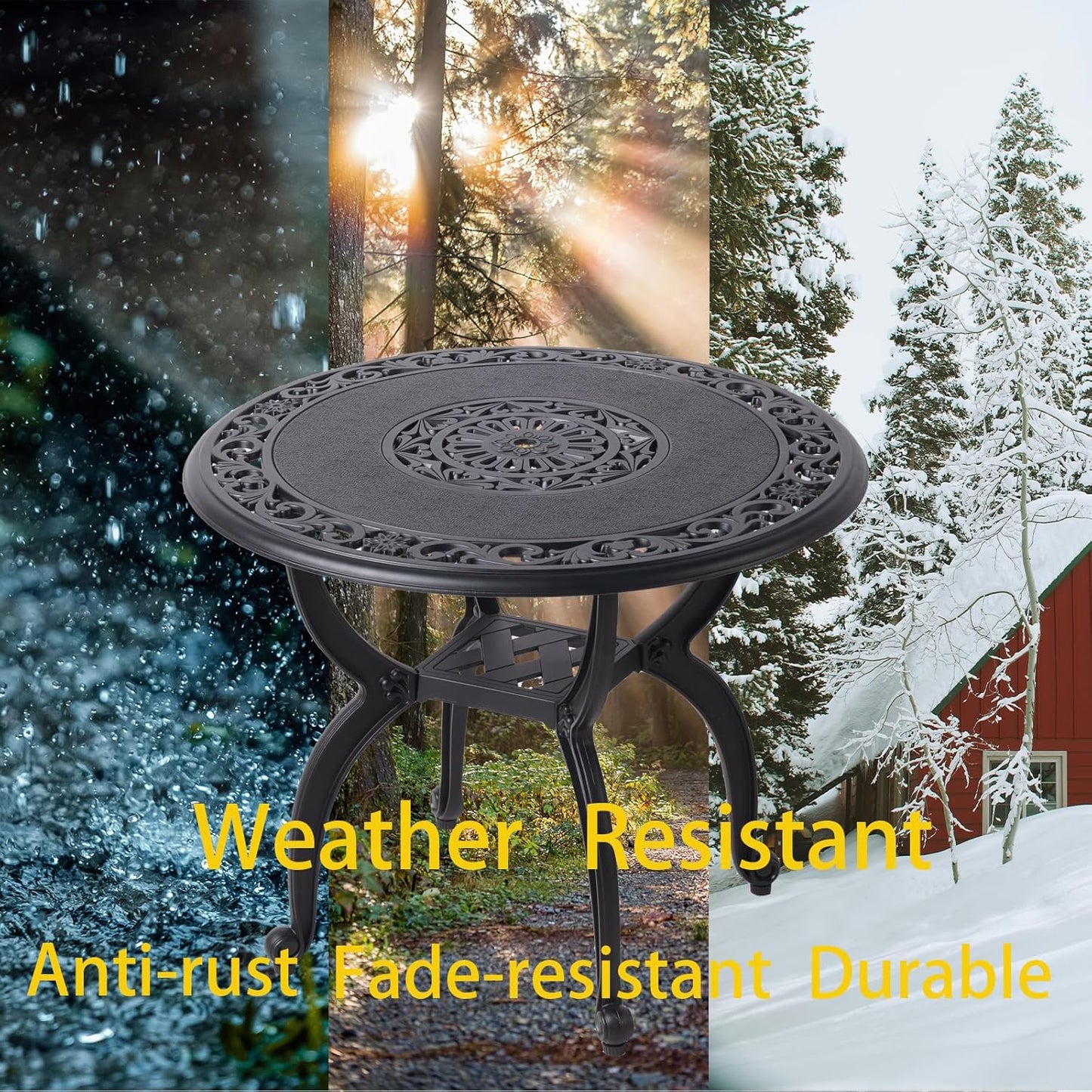 Cast Aluminum Side Table for Outdoor Patio, Garden, Balcony - All Weather Coffee Table (Black, Round 24"), WIL001