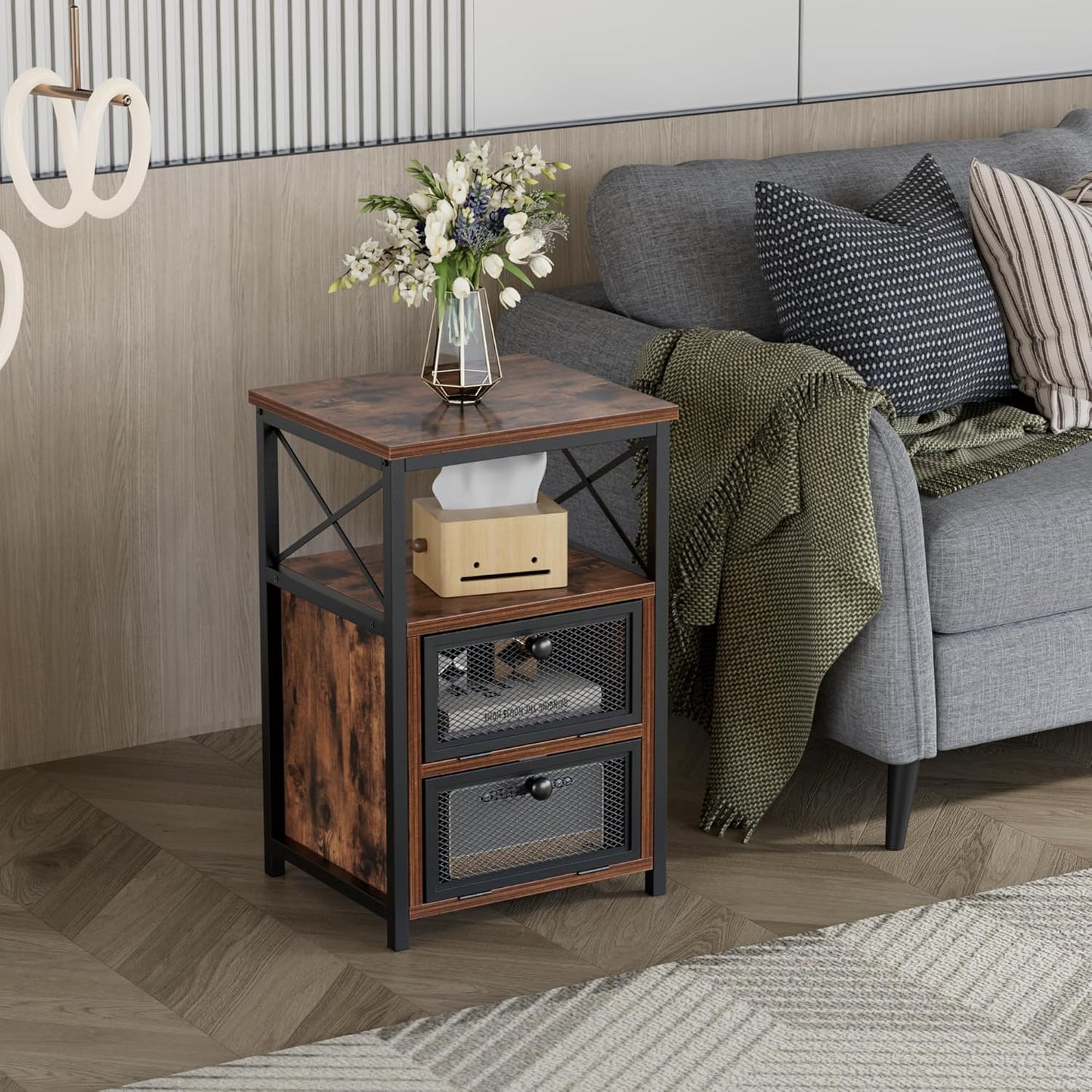 VECELO End Tables Set of 2 with Storage Space,Flip Door Night Stand for Living Room,Bedroom,Small Space,Rustic Brown