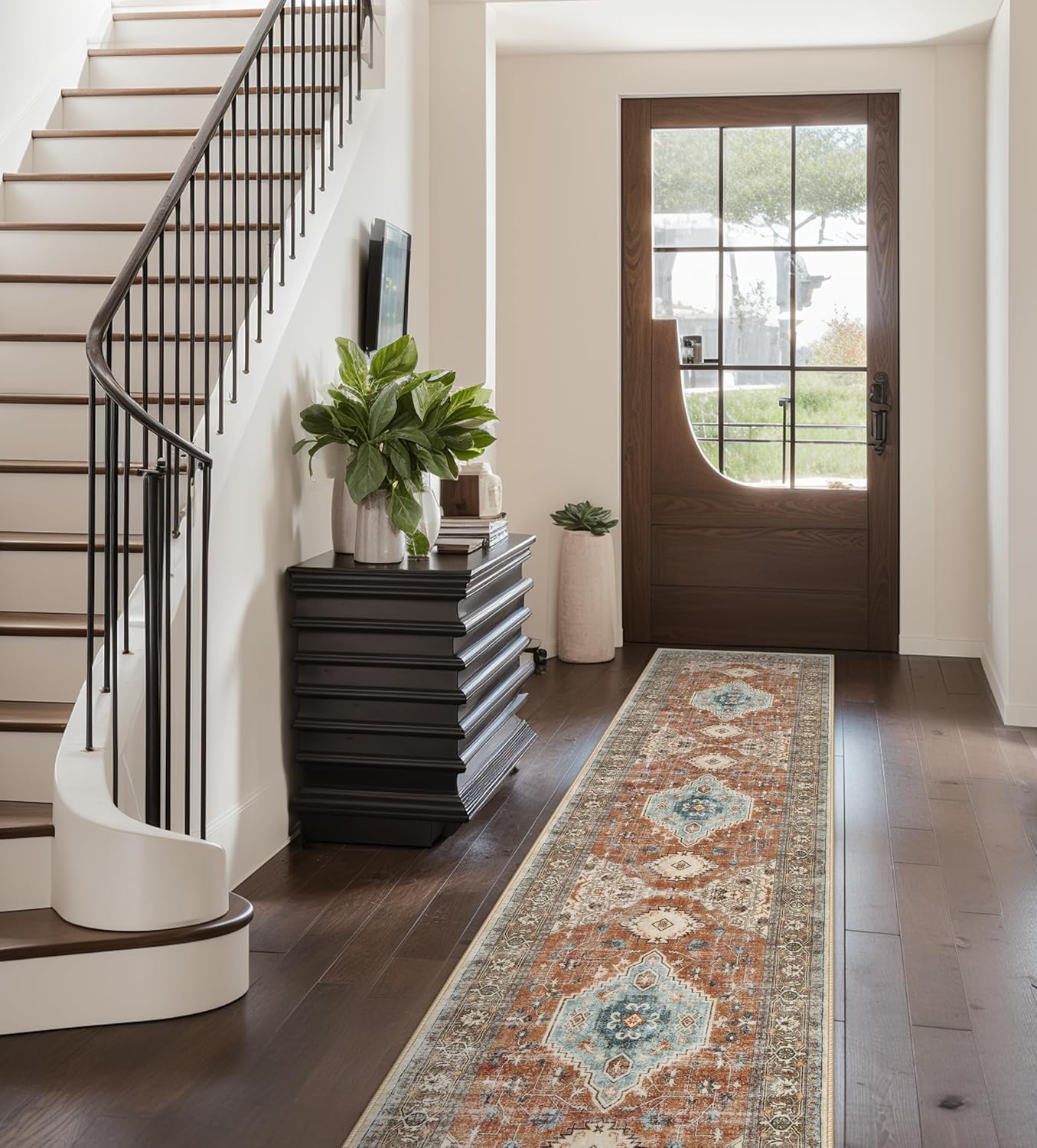 Lahome Oriental Hallway Runner Rug, 2.5x8 Kitchen Runner Non Slip Ultra-Thin, Soft Washable Hallway Rug Non Shedding Long Carpet for Entryway ‎Laundry Room Bathroom, Orange/Multi